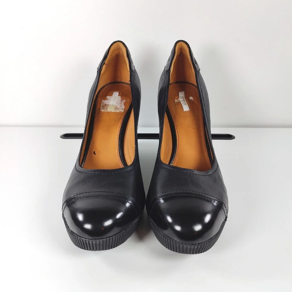 GEOX Respira Black Leather Cap Toe Wedge Pumps EU 40 D34P3D Modern Classic US 9